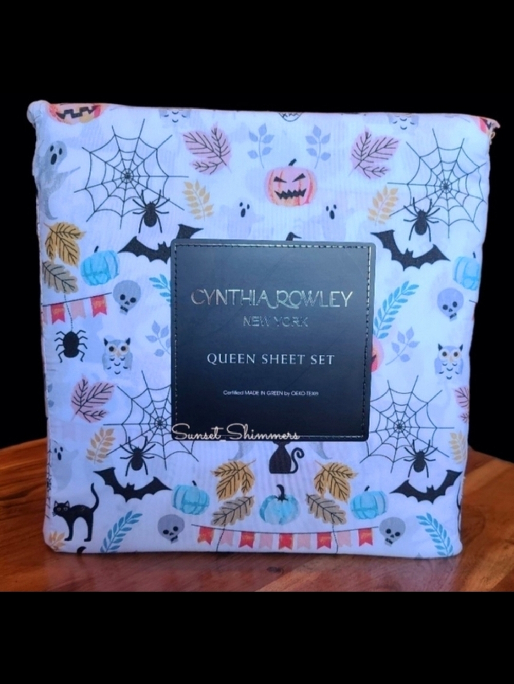 4pc Halloween Theme QUEEN Sheet Set Pumpkin Owl Cat Skull Ghost Cynthia Rowley